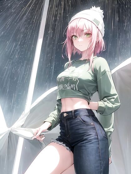 Freckled Beauty in Green Clothes Wears Oversized Hoodie for Steamy Hentai AI Image