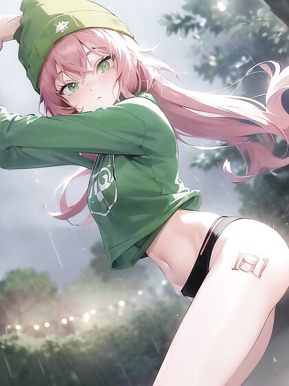 Freckled Cutie in Green Clothes and Oversized Hoodie Gets naughty in Hentai AI Image