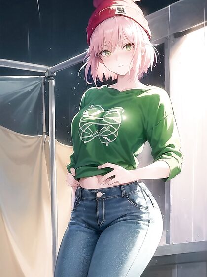 Freckled beauty in extra large green hoodie indulges in naughty hentai fantasies