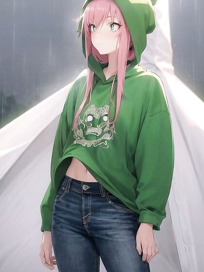 Freckled Beauty in Green Clothes Wrapped in an XL Hoodie for Steamy Hentai AI Image