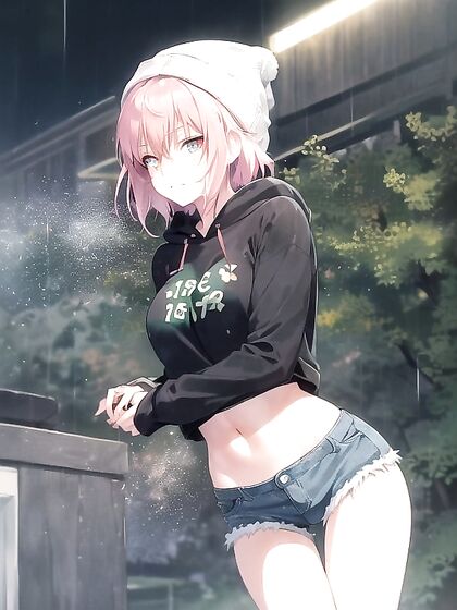 Freckled Girl 18+ in Green Clothes Wearing an Oversized Hoodie for Steamy Hentai AI Image