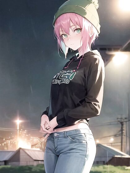 Freckled Beauty in Oversized Hoodie and Green Outfit Seduces in Hentai AI Image
