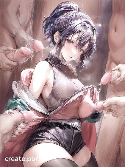 Dark-Skinned Beauty Drenched in cum during Intense Bukakke Hentai AI Image