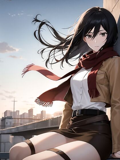 Mikasa's Serene Sunset Stare - Calm Composure in Military Gear Amidst Chaotic Beauty