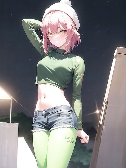 Freckled Girl 18+ in Oversized Hoodie and Green Outfit Seduces in Hentai AI Image