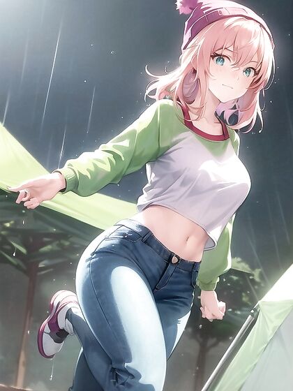 Freckled beauty in green clothing and extra large hoodie seduces in hentai porn