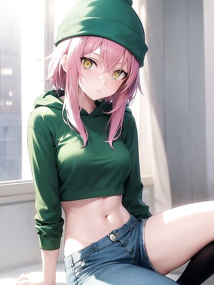 Freckled Beauty in Green Clothes and Oversized Hoodie for Steamy Hentai AI Image
