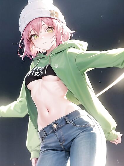 Freckled Girl 18+ in Green Clothes Wears Oversized Hoodie for Steamy Hentai AI Image