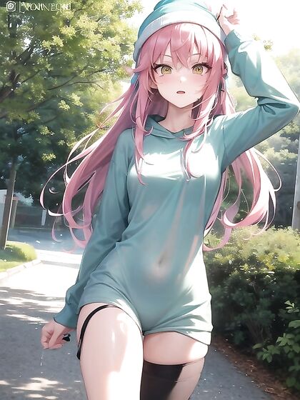 Freckled Beauty in a Oversized Hoodie and Green Outfit for Steamy Hentai AI Image