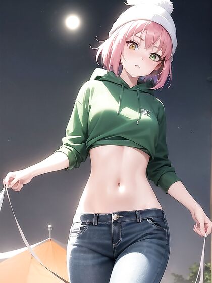 Freckled Beauty in Green Clothes Wrapped in an XL Hoodie for Steamy Hentai AI Image