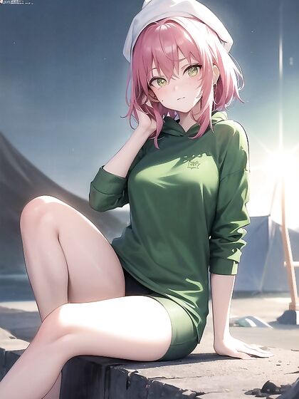 Freckled Girl 18+ in Green Clothes Wears an Oversized Hoodie for Hot Hentai AI Image
