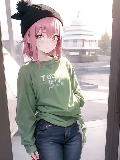 Freckled Beauty in Green Clothes and Extra Large Hoodie for Steamy Hentai AI Image