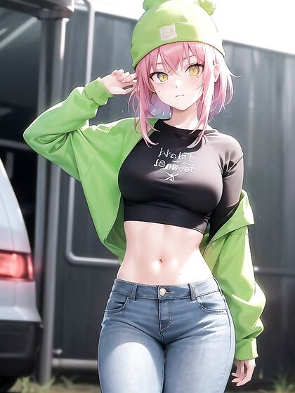 Freckled Beauty in Green Clothes Wears Oversized Hoodie for Seductive Hentai AI Image