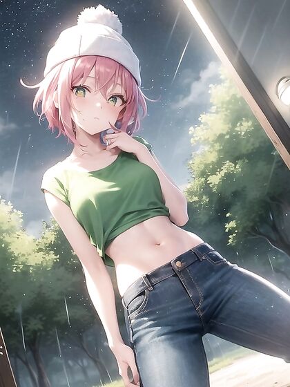 Freckled beauty in a large hoodie and green clothes for steamy Hentai AI Image