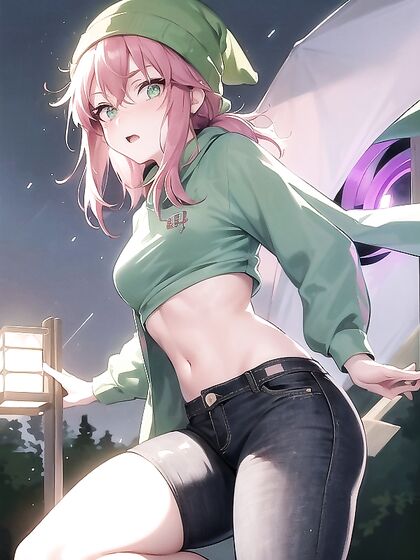 Freckled Beauty in Green Clothes and Oversized Hoodie for Steamy Hentai AI Image