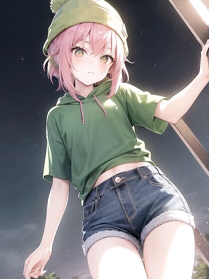 Freckled Beauty in Green Clothing and Extra Large Hoodie Enjoying Hentai Pleasure