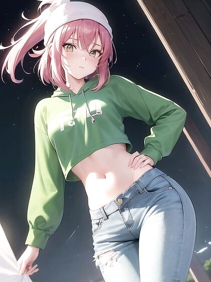 Freckled Girl 18+ in Green Clothing Wears Extra Large Hoodie for Horny Hentai AI Image
