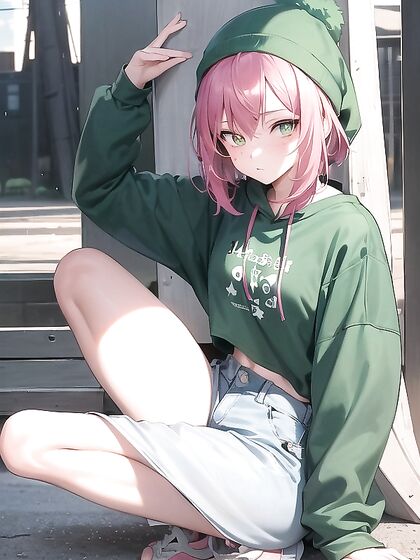 Freckled Girl 18+ in Green Clothing Wears XL Hoodie for Steamy Hentai AI Image