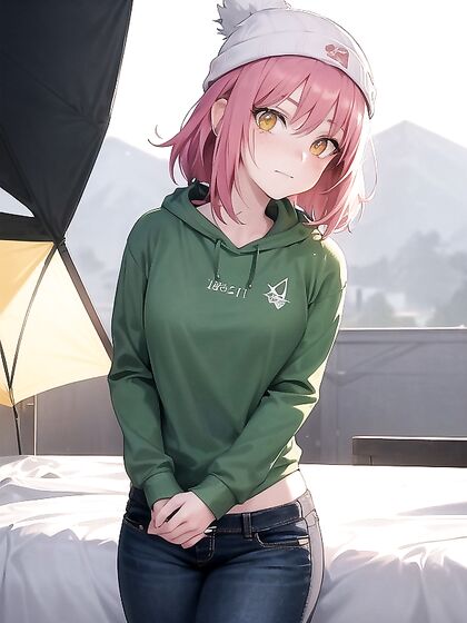 Freckled Beauty in Green Clothing and Oversized Hoodie for Steamy Hentai AI Image