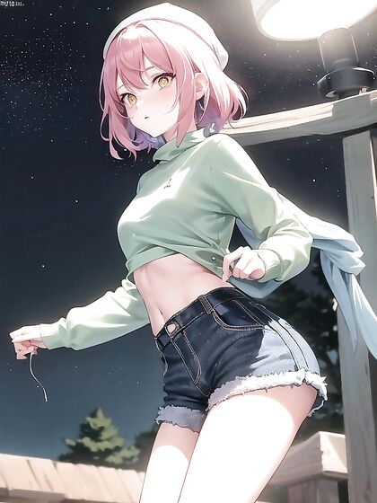 Freckled Beauty in Green Hoodie Seduces with Busty Hentai AI Image
