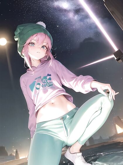 Freckled Girl 18+ in Green Clothes Wears Oversized Hoodie for Steamy Hentai AI Image