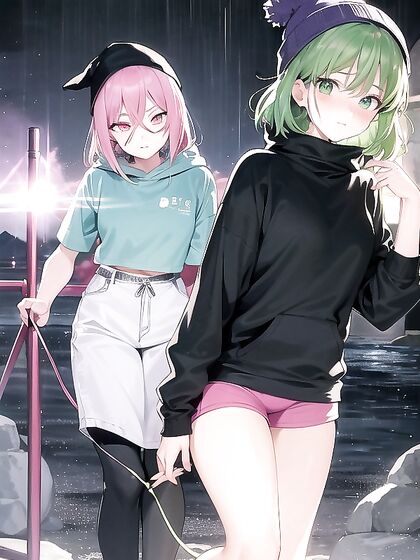 Freckled Girl 18+ in Green Clothes and Oversized Hoodie Enjoying Steamy Hentai AI Image