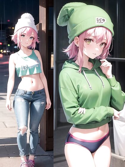 Freckled Beauty Wears Oversized Green Hoodie for Steamy Hentai AI Image