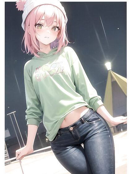 Freckled Girl 18+ in Green Clothes Wears Oversized Hoodie for Steamy Hentai AI Image