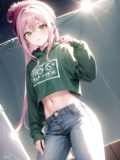 Freckled Girl 18+ in Green Clothing Wears XL Hoodie for Steamy Hentai AI Image
