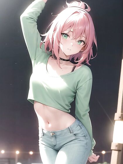Freckled Beauty in Extra Large Hoodie and Green Clothes for Steamy Hentai AI Image