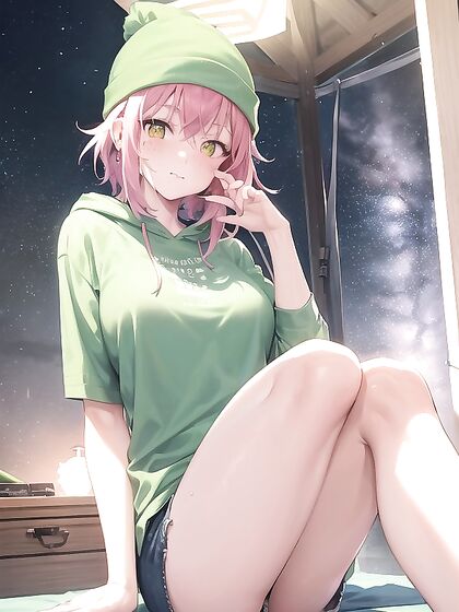 Freckled Girl 18+ in Green Clothes Wears Oversized Hoodie for Steamy Hentai AI Image