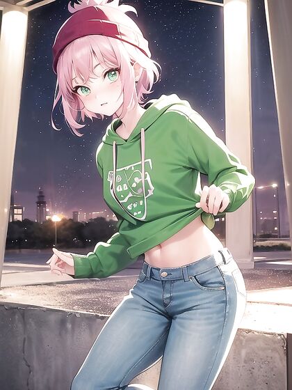 Freckled Girl 18+ in Green Clothes and Oversized Hoodie Enjoying hentai Pleasure