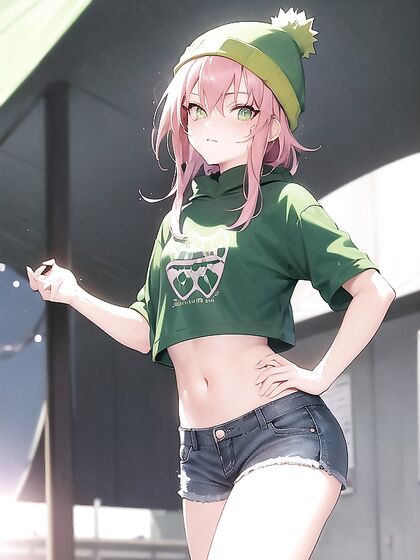 Freckled beauty in green hoodie enjoys extra-large fun in Hentai AI Image