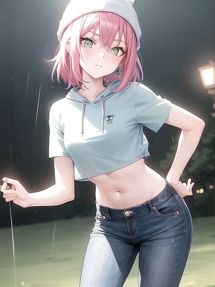 Freckled Beauty in Green Clothes and Oversized Hoodie Hentai AI Image