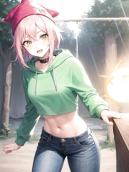Freckled Girl 18+ in Green Clothes and Oversized Hoodie Gets Horny in Hentai AI Image