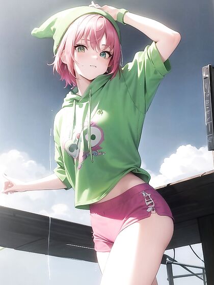 Freckled Beauty in Green Clothes and Oversized Hoodie -Hentai Pleasure Unleashed