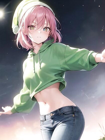Freckled beauty in extra large hoodie and green clothes enjoys wild hentai pleasure