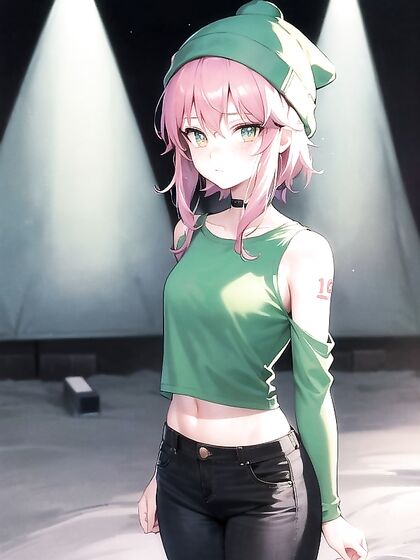 Freckled Girl 18+ in Green Clothes Wears Oversized Hoodie for Horny Hentai AI Image