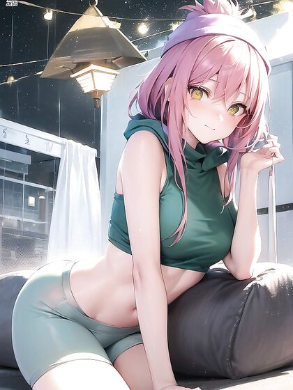 Freckled Girl 18+ in Green Clothing Wears Extra Large Hoodie for Steamy Hentai AI Image