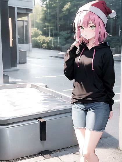 Freckled Girl 18+ in Green Clothes Wrapped in an Oversized Hoodie for Steamy Hentai AI Image
