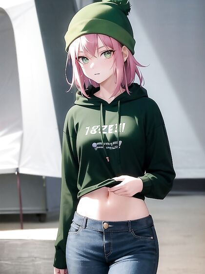 Freckled Beauty in Oversized Green Hoodie for Steamy Hentai AI Image