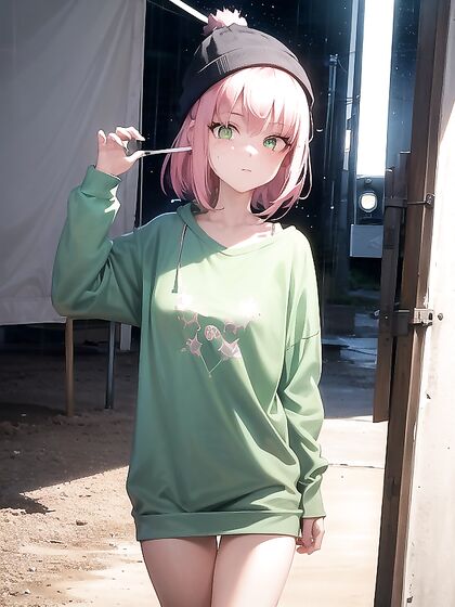 Freckled Girl 18+ in Green Clothes and Oversized Hoodie Enjoying hentai Pleasure