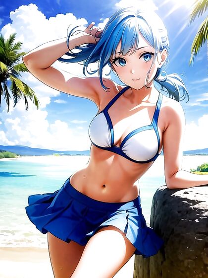 Summer Fun - Girl 18+ in White and Blue Bikini Plays Seductively in hentai Fantasy