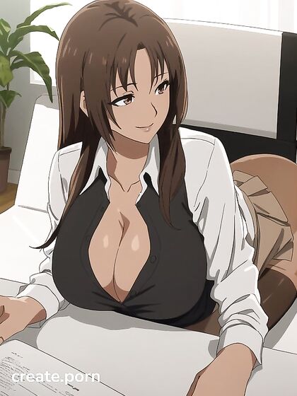 Brunette with Large Breasts Seduces Her Boss in Steamy Office Hentai AI Image