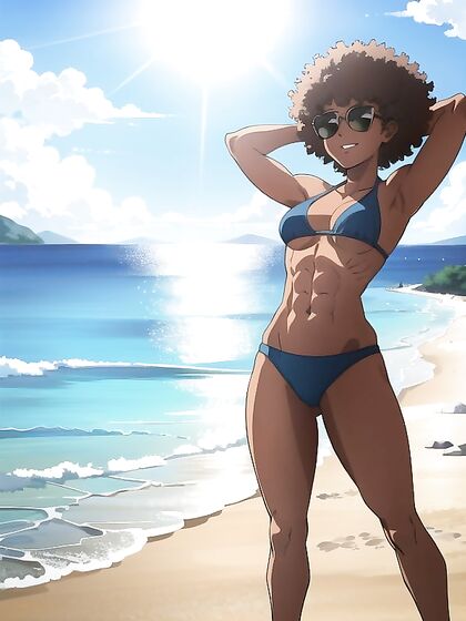 Muscular Guy Shows Off on the Beach with Arms Up in Horny Hentai AI Image