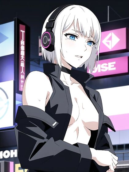 Pale-Skinned Beauty with Bobcut Explores Cyberpunk City in Steamy Hentai AI Image