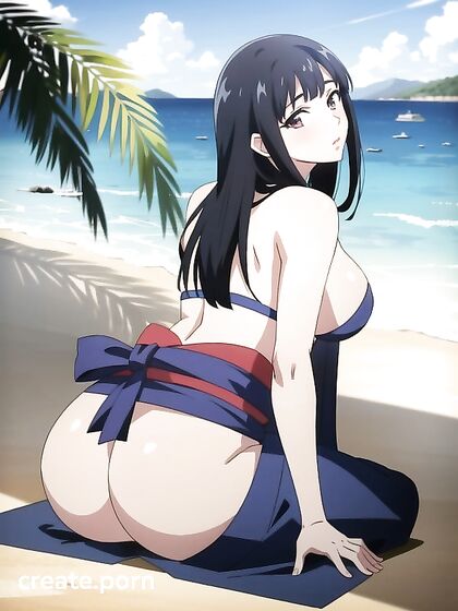 Beachside Bliss - Massive Breasts and Raven Hair in Seductive Hentai AI Image