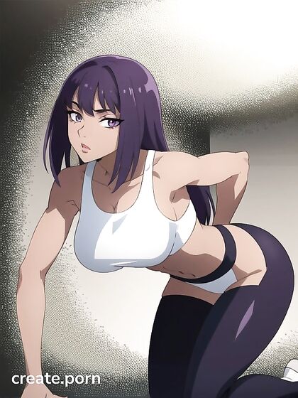 Sporty Chick with Purple Hair and Bangs Nails It in Hentai AI Image
