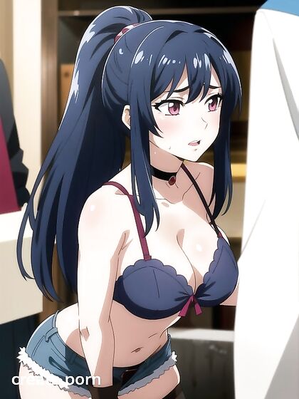 Embarrassed Girl 18+ Adjusts Her Bra in Unbuttoned Hentai AI Image
