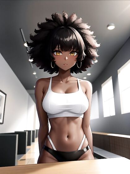 Sensual Black-Haired Beauty with Afro and Dark Brown Skin in steamy Hentai AI Image